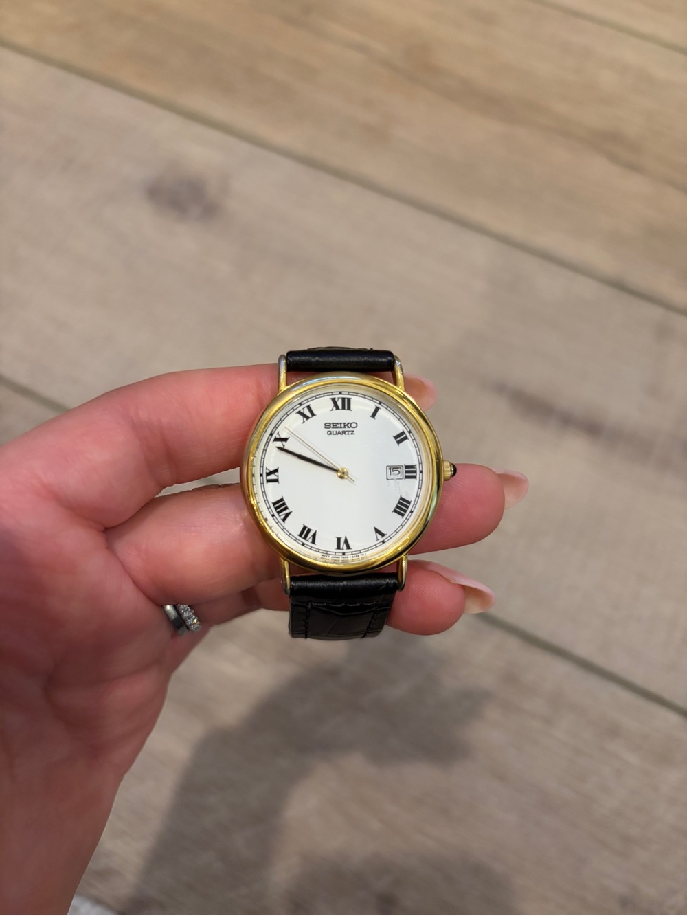 Vintage Seiko Gold Case White Dial Black Leather Strap Dress Watch